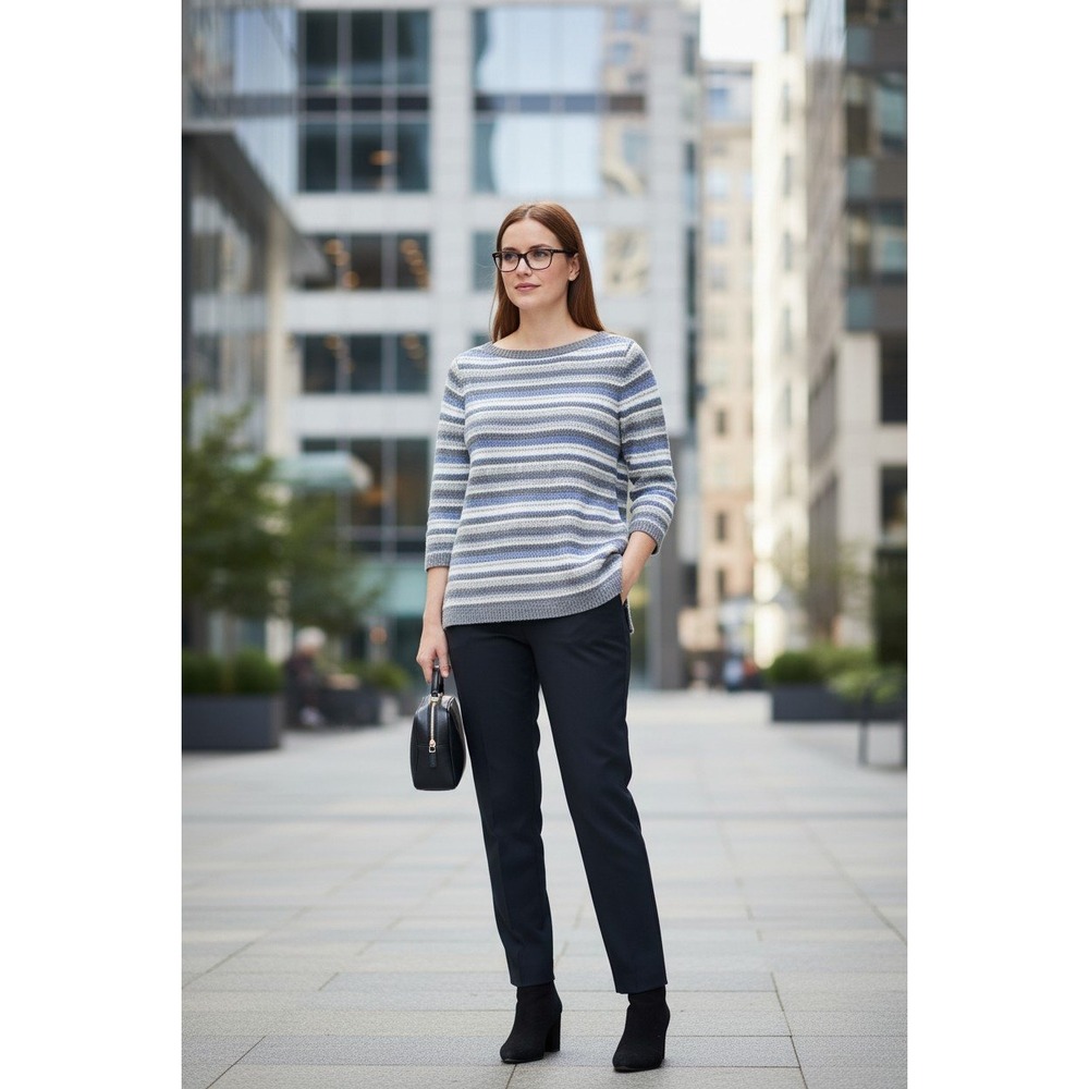 Talbots Petites Blue Grey Striped Boat Neck 3/4 Sleeve Knit Sweater MP